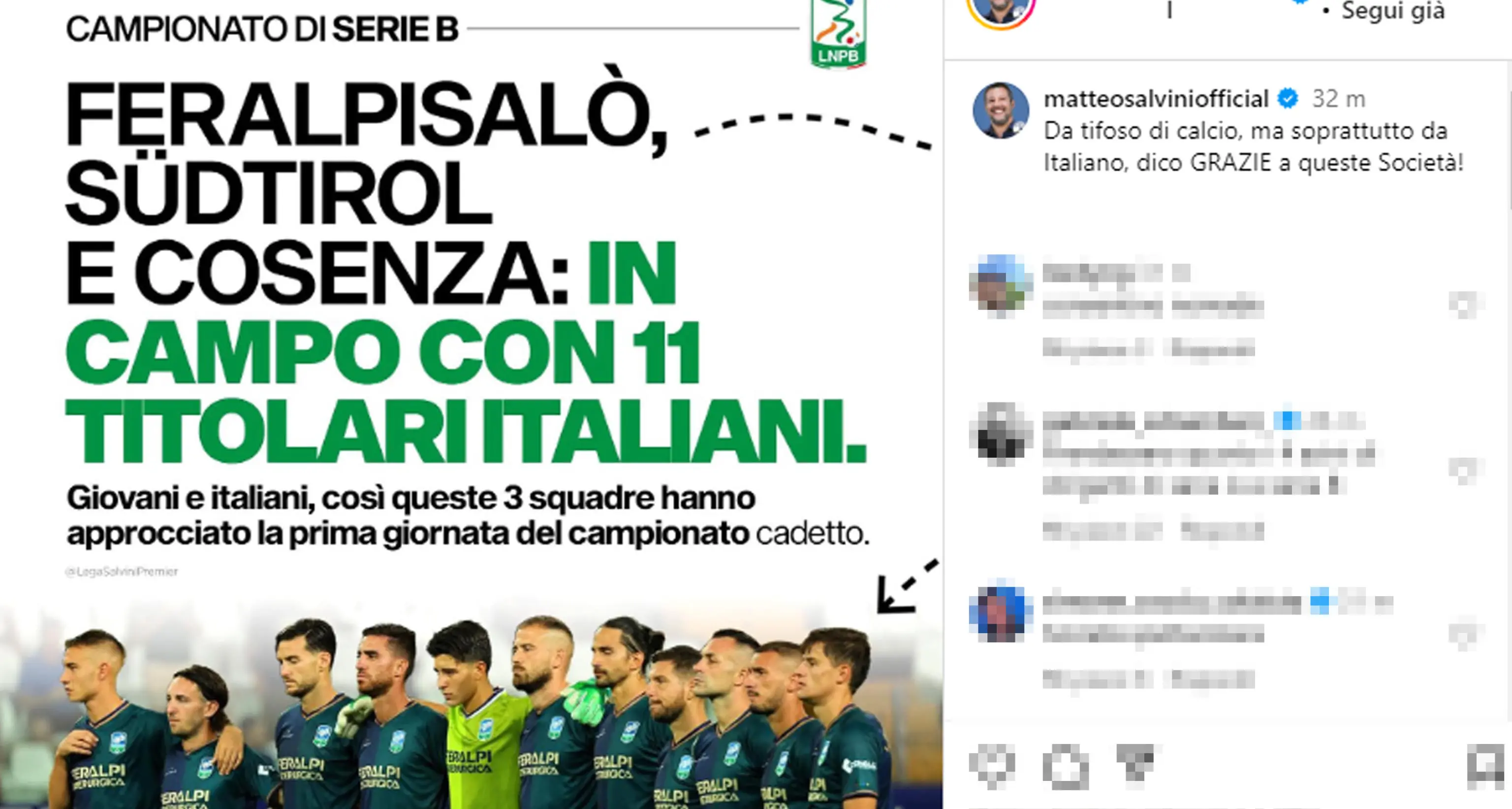 Autarchia calcistica, Salvini ringrazia le squadre in campo solo con italiani: Feralpisalò, Südtirol e Cosenza