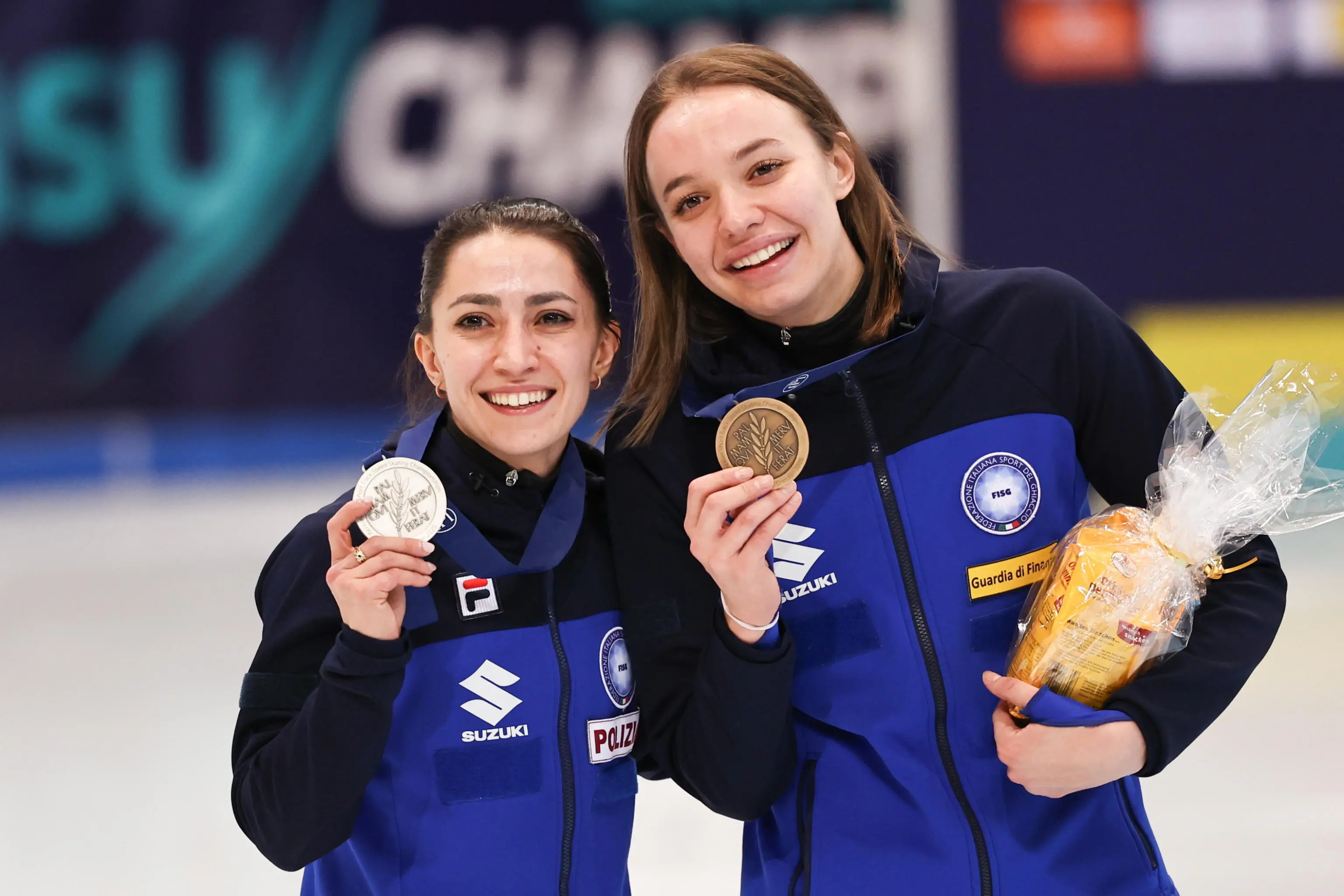 epa11836841 Second placed Arianna Sighel of Italy and third placed Chiara Betti celebrate after the womenâ€™s 500m final race at the ISU Short Track Speed Skating European Championships in Dresden, Germany, 19 January 2025. EPA/Filip Singer