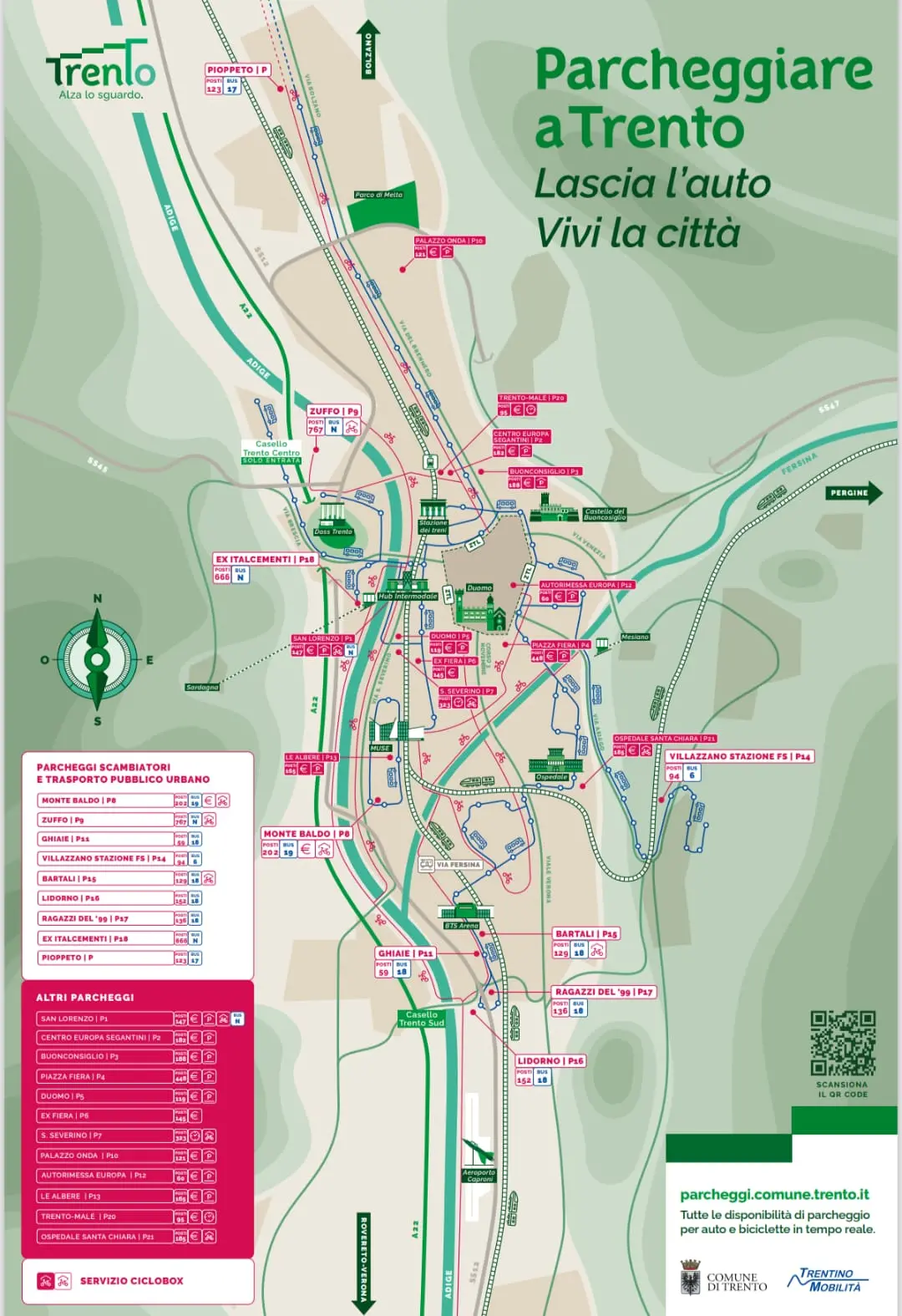 Parcheggi a Trento, ecco la nuova mappa: oltre 4.500 posti auto disponibili