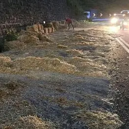 Perde il carico di fieno sulla Valsugana: disagi al traffico a Tenna