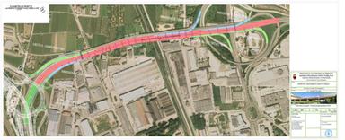 Veduta aerea della Tangenziale di Trento con il viadotto Canova, infrastruttura stradale in corso di renovamento