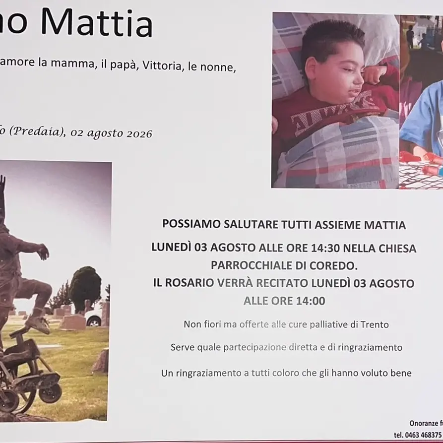 Mattia Maestri: a Coredo i funerali del 13enne morto dopo nove anni di coma