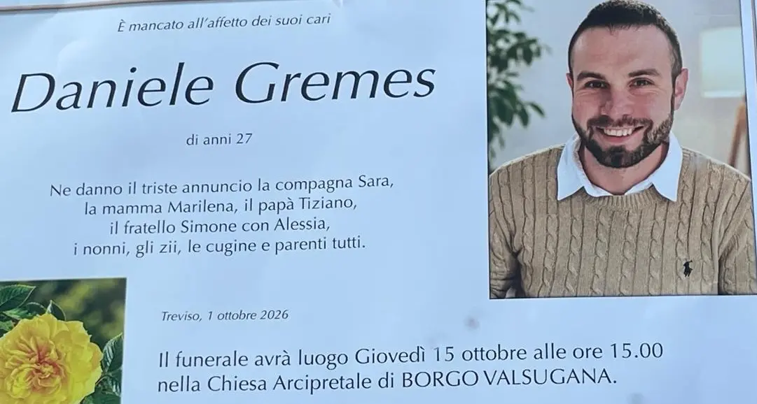 Daniele Gremes, fissati i funerali del 27enne morto sul lavoro: giovedì l'ultimo saluto a Borgo