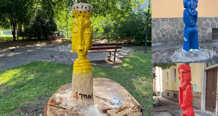 Il misterioso artista delle sculture colorate, su ogni albero tagliato a Trento incolla una statuetta colorata