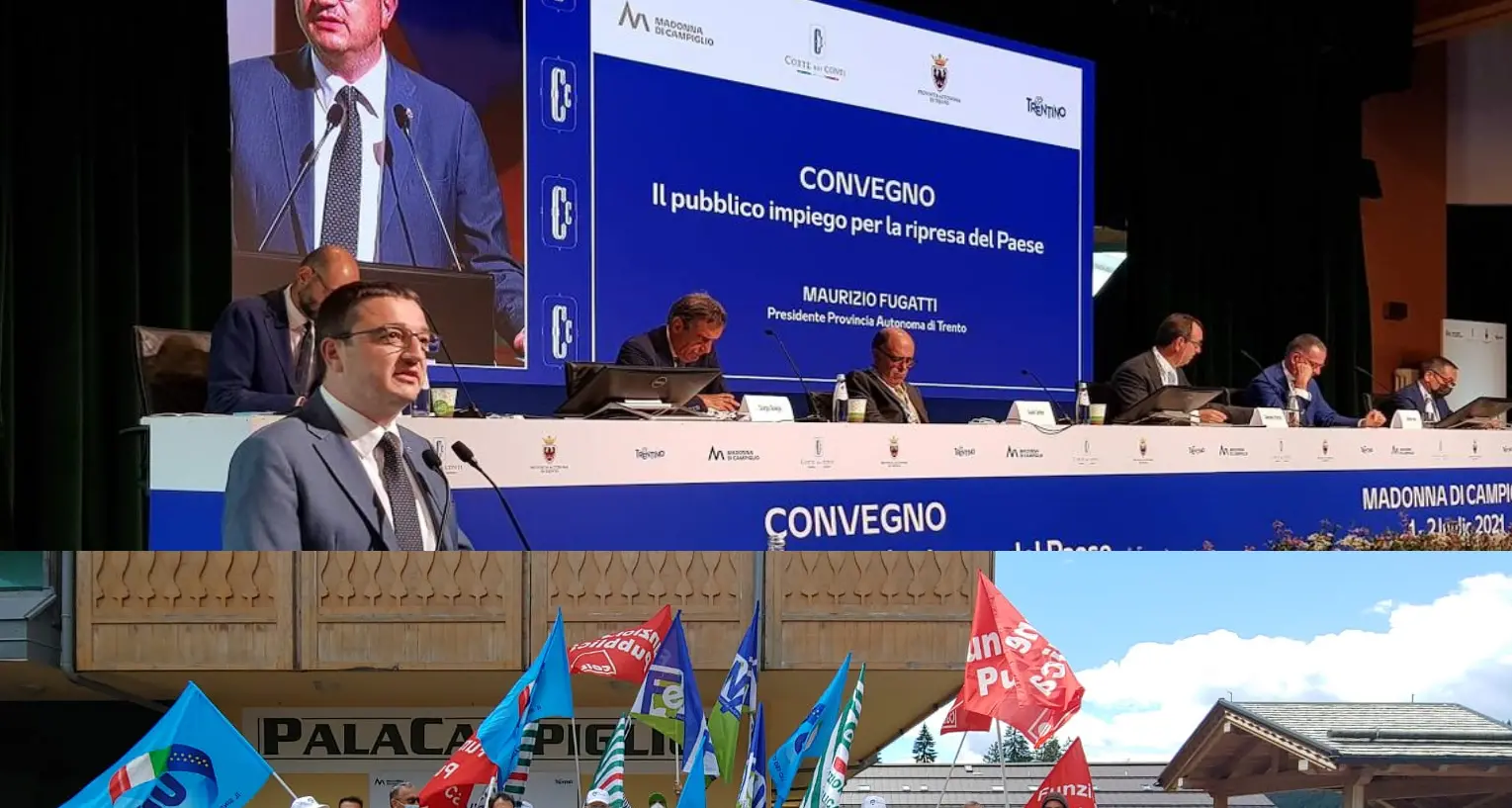 A Campiglio il convegno della Corte dei Conti sulla pubblica amministrazione, fuori la protesta dei sindacati pubblici: «Noi, da tre anni senza contratto»