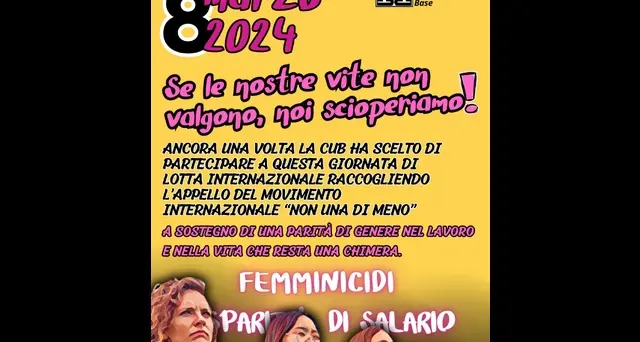 8 marzo: sciopero generale Cub per condizioni lavoratrici