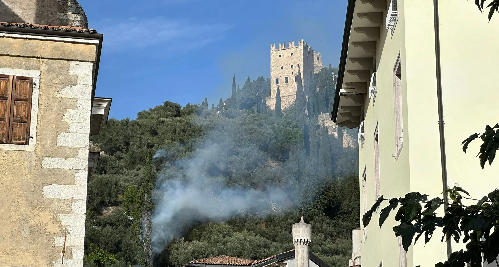 Arco, cipresso in fiamme vicino al castello. Paura ma non ci sono feriti
