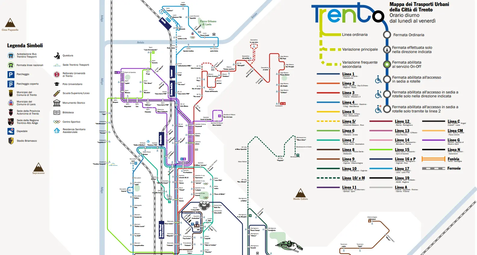 La mappa completa dei trasporti di Trento come una metropolitana, disegnata da tre studenti dell'Università