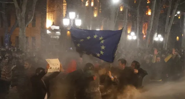 Georgia: virale video donna con bandiera Ue contro idranti
