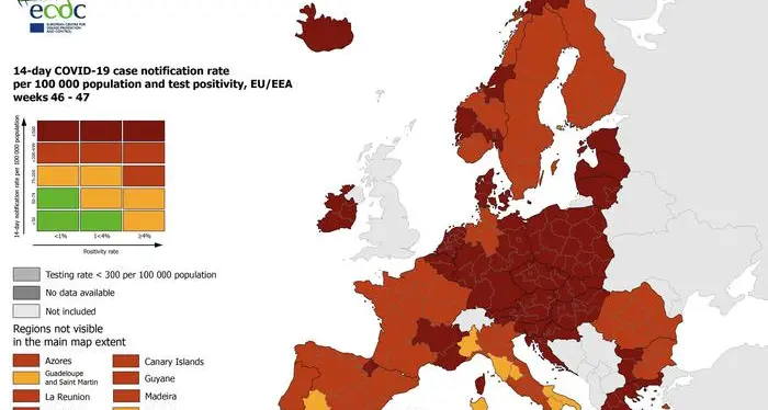 La centrale di controllo europea mette anche il Trentino in «rosso», l’Alto Adige in «rosso scuro»