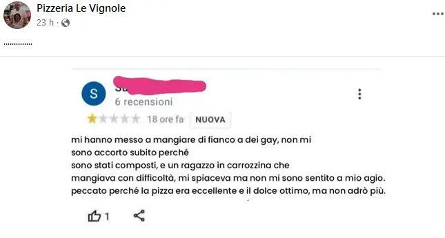 Recensione shock alla pizzeria: «Mi hanno fatto mangiare vicino a gay e disabili». la replica: non torni più