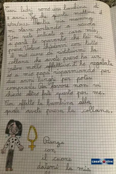 Bimba si rivolge ai ladri: “Ridatemi la collana che ho comprato a papà con i risparmi di due anni”