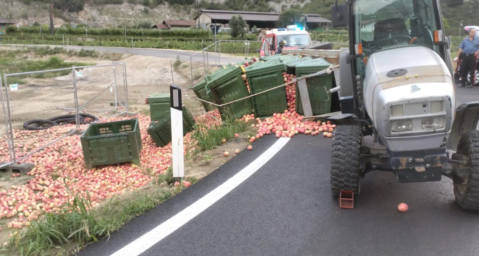 Il trattore vittima della rotatoria: alla Moletta le mele sulla strada