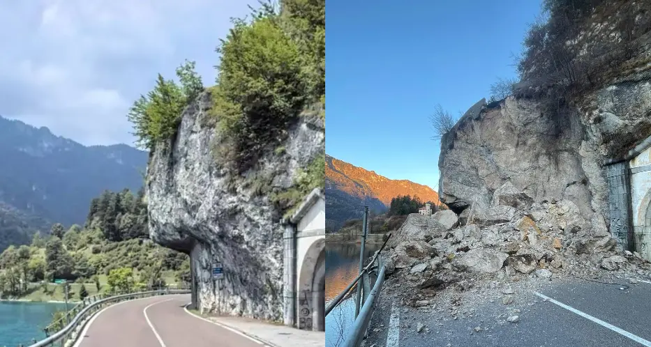 Ledro, franato un fronte roccioso di 40 metri: strada chiusa, nel pomeriggio il sopralluogo tecnico con Fugatti