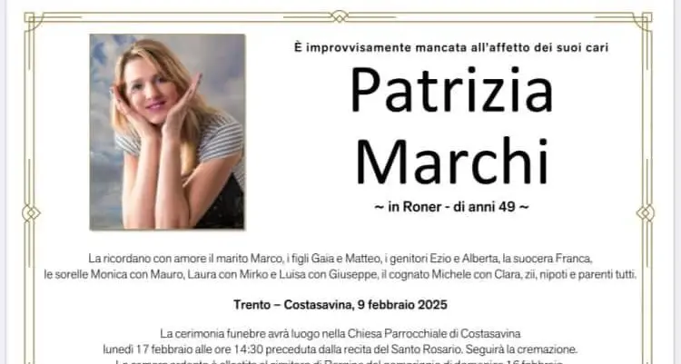 Lunedì a Costasavina i funerali di Patrizia Marchi, morta dopo un intervento chirurgico in ospedale