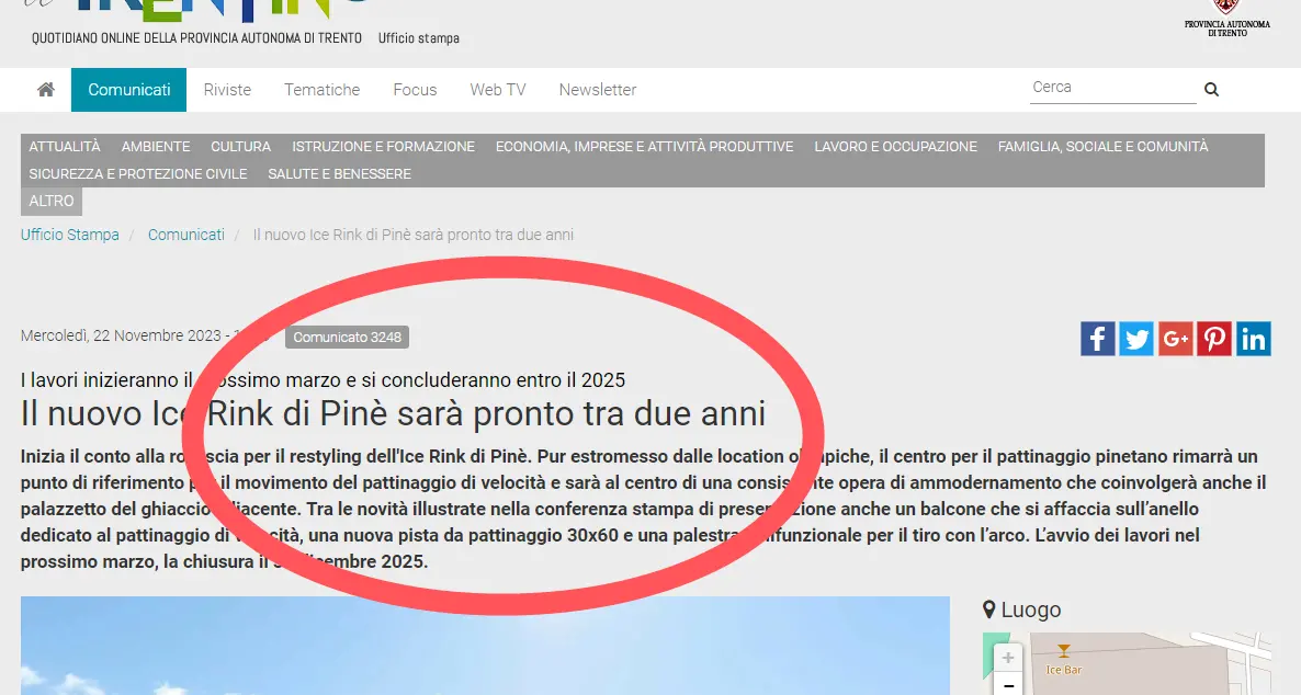 Ice Rink di Piné: nessuna offerta per i lavori, il lotto principale del rifacimento slitta in avanti